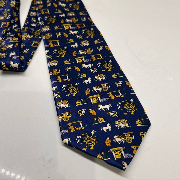 LANBO Dark Blue Cream Gold Green Chinese / Horse Print 100% Silk Neck Tie 57” - Picture 2 of 9